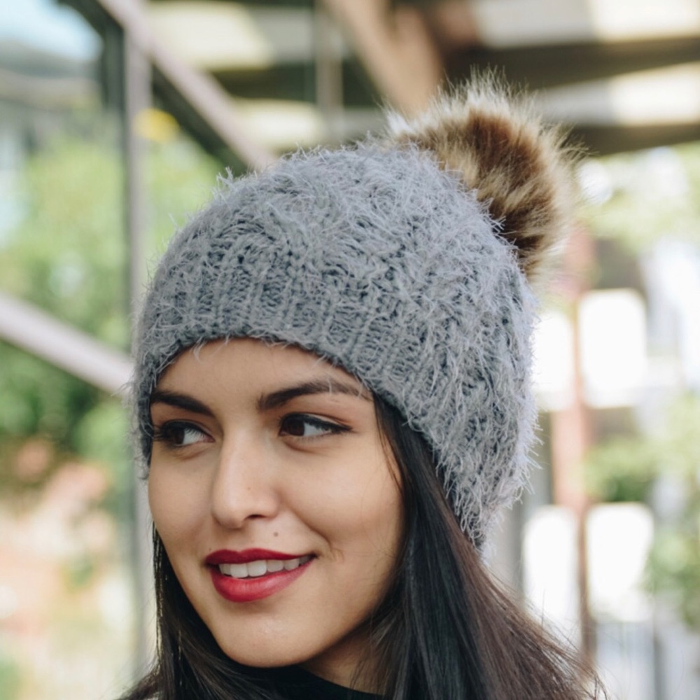 gray Pom fur Beanie soft, gray beanie, cozy winter - Picture 3 of 5